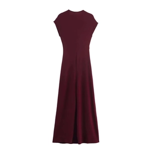 Detail view of the back of a burgundy sleeveless maxi dress in premium knit fabric