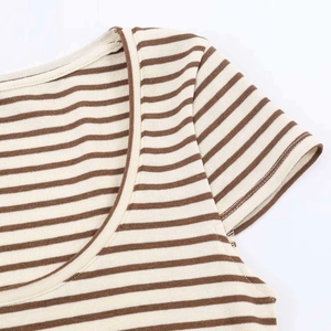 Close-up of the fine ribbed texture and brown striped pattern on the summer knit U-neck tee