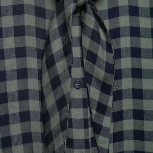 Green and blue gingham check shirt featuring a detailed view of the front button closure