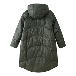 Detail of dark green hooded down jacket featuring unique curved quilted pattern and round hem