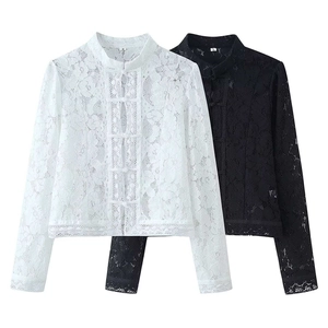 Elegant lace top with mandarin collar and frog buttons in white and black colors