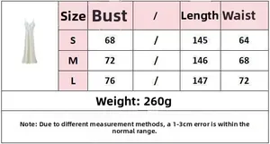 Tableau des tailles pour robe longue en satin blanc cassé avec buste, taille et longueur