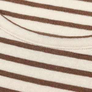 Detail view of the fine knit neckline with brown and beige stripes and precise stitching