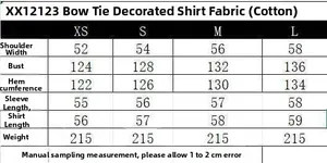 Detailed size chart for light blue poplin bow shirt showing measurements from XS to L