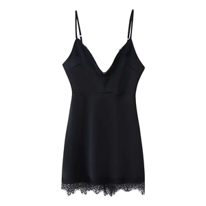 Abito sottoveste in raso nero da donna con scollo a V in pizzo e spalline sottili regolabili