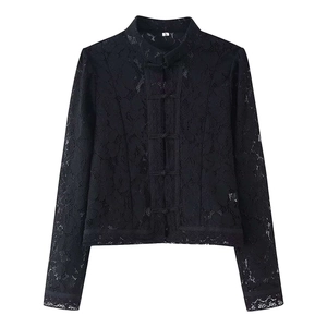 Women's black lace long sleeve top featuring Mandarin collar and traditional frog buttons
