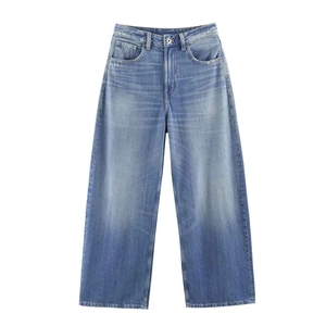 Women Vintage High Waist Wide Leg Jeans Washed Blue Denim Pants With Brown Leather Patch Pockets Retro Casual Bottoms