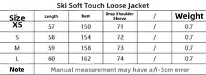 Size chart for women's soft touch loose skiing jacket including length and bust details