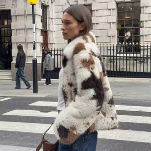 Giacca in Pelliccia Sintetica con Stampa Mucca Vintage da Donna Invernale Calda Collo in Piedi Cerniera Manica Lunga Cappotto in Peluche