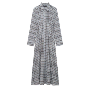 Women Retro Plaid Long Sleeve Shirt Dress Elegant Single Breasted High Waist Button Down Maxi Dress With Epaulettes