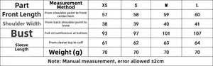 Size chart for glossy bow blouse with measurements for XS S M L in centimeters