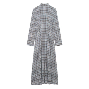 Back view of a light blue plaid shirt dress featuring long sleeves and pleated waist