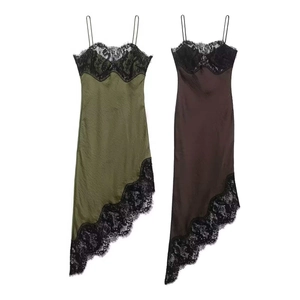 Elegant satin slip dress with black floral lace trim and asymmetric hem in olive and coffee