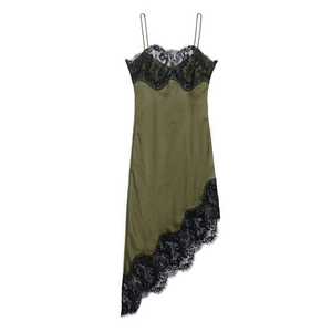 Elegant olive green satin slip dress with black lace trim and asymmetrical hem