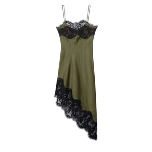 Dark green satin slip dress with black lace trim and asymmetrical hemline for women