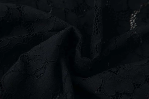 Close-up of black floral lace fabric with intricate hollowed-out patterns and texture