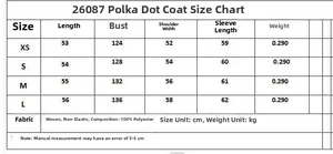 Detailed size chart for women polka dot long sleeve jacket with measurements in cm