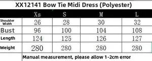 Size guide table for bow midi dress with measurements for bust, length, and shoulder width