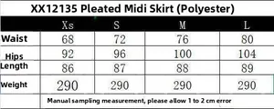 Detailed size chart for the minimalist high-waisted pleated midi skirt in polyester