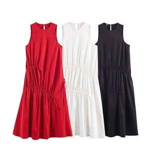 Women Casual Sleeveless Midi Dress Solid Color Round Neck Drawstring Tiered Ruffle Cake Dress Summer A-Line Dress
