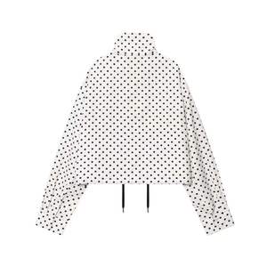 Women's chic white polka dot long sleeve jacket with adjustable black drawstring waist