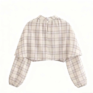 Women's plaid cropped blouse featuring a mock neck and purple checkered pattern on cream fabric