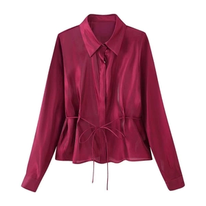 Elegant burgundy long sleeve satin shirt with front bow tie-waist and glossy finish