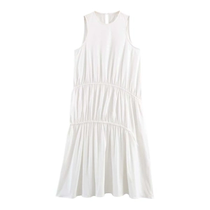 Minimalist white sleeveless midi dress with tiered ruffled layers and drawstring detail