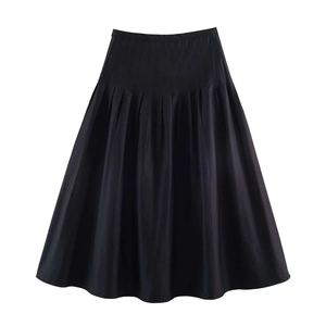 Elegant black high-waisted pleated midi skirt with A-line silhouette in premium woven fabric