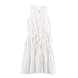 Detail of white midi dress showing delicate waist pleats and adjustable side ties