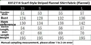 Detailed size guide for scarf-style striped poplin shirt with manual measurements