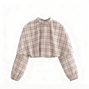 Vintage Plaid Long Sleeve Cropped Top For Women Casual Mock Neck Layered Cape Design Lantern Sleeve Checkered Blouse
