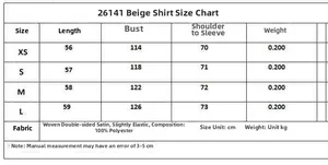 Size chart for beige lantern sleeve satin blouse with measurements and fabric details
