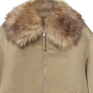 Women's khaki flight jacket featuring a plush faux fur lapel collar and metal zipper