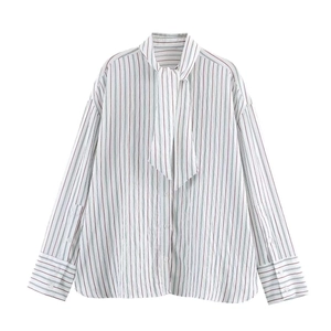 Striped poplin long sleeve shirt with stylish scarf tie-neck and button cuffs