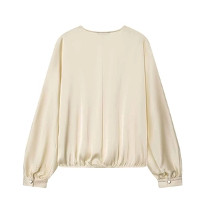 Elegant beige satin long sleeve blouse with elastic hem and smooth texture finish