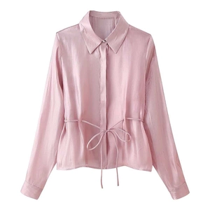 Elegant light pink satin long sleeve shirt for women with waist tie and glossy finish