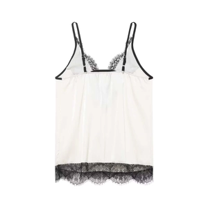 Damen Satin-Trägertop in Off-White mit schwarzer Wimpernspitze und dünnen Trägern