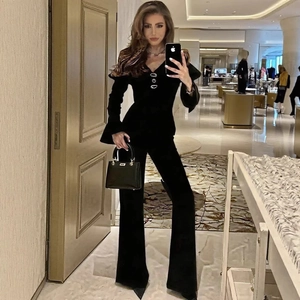 Abbigliamento Donna Elegante Top Manica Lunga con Grande Bavero e Pantaloni a Campana Vita Alta Tinta Unita Casual