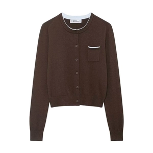 Women Elegant Knit Cardigan Round Neck Long Sleeve Button Up Sweater With Contrast Trim Pocket Dark Brown Polyester Top