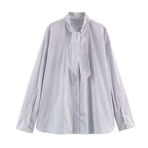 Blue and white striped long sleeve shirt with a stylish bow tie neck and poplin texture