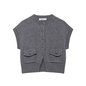 Women Retro Knitted Vest Round Neck Single Breasted Sleeveless Cardigan With Flap Pockets Casual Commute Knitwear Top