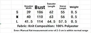 Size chart for gray knit cardigan sweater showing measurements for S, M, and L sizes