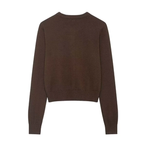 Dark brown crew neck knit cardigan with ribbed cuffs and hem, back view on white background