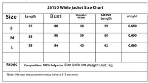 Detailed size chart for white tweed jacket with measurements for S, M, L sizes in cm
