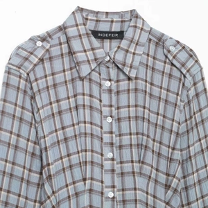 Minimalist light blue plaid button-down shirt dress with classic collar and epaulettes