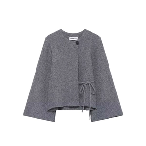 Minimalist grey wool knit cardigan with flared sleeves and waist tie detail