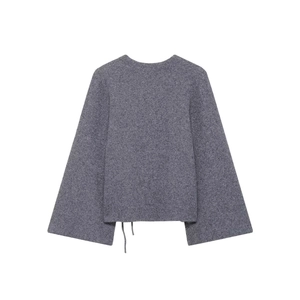 Minimalist grey wool knit cardigan with crew neck and back drawstring tie detail