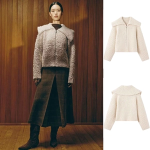 Women Casual Faux Sherpa Teddy Fleece Zip Up Jacket Large Collar Cropped Warm Outerwear Solid Color Cream White