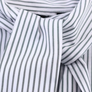Detail shot of green and white striped poplin shirt fabric with elegant knotted design